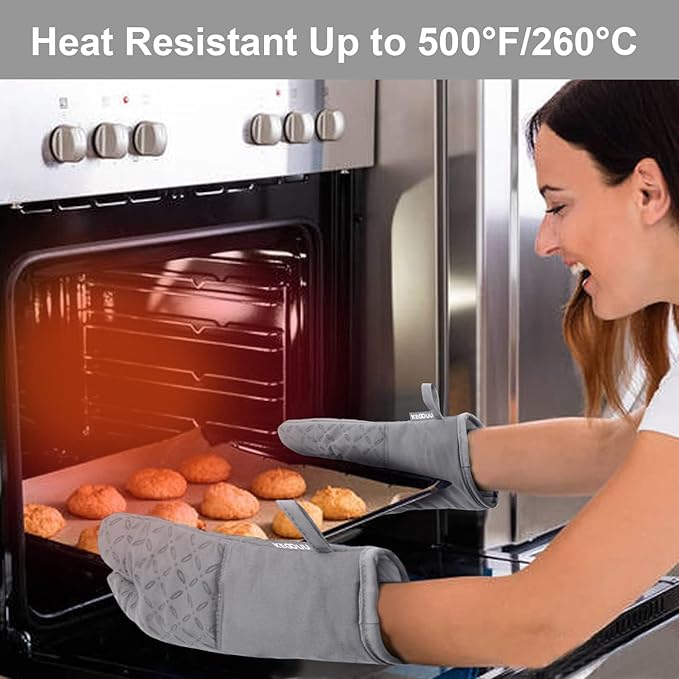 KEGOUU Oven Mitts and Pot Holders 6pcs Set, Kitchen Oven Glove High Heat Resistant 500 Degree Extra Long Oven Mitts and Potholder with Non-Slip Silicone Surface for Cooking (Light Gary) - Image 5