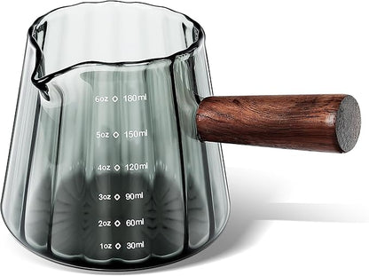 Joeyan 6 oz Grey Glass Measuring Cups with Spout,Borosilicate Glass Triple Pitcher with Scale,Origami Style Espresso Shot Glasses with Wood Handle for Coffee Milk,Dishwasher Safe by JoeyanHousehold