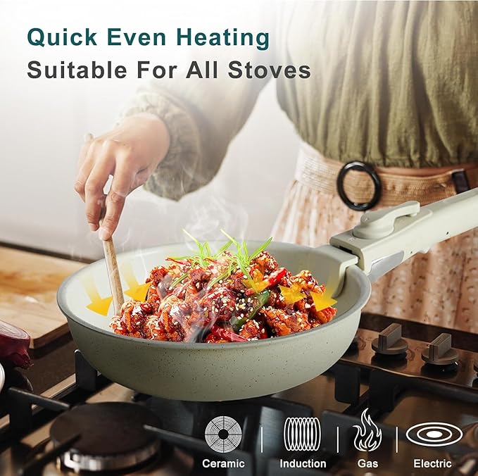 12 Pcs Pots and Pans Set, Non-Stick Pots and Pans Set, with Detachable Handles, Resistant to High Temperatures,Dishwasher Oven Safe, PFAS and PFOA Free, White