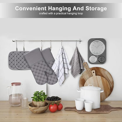 Oven Mitts Kitchen Towels Dishcloths with Pot Holders Sets 12PCS, Dish Towels Sets, Oven Gloves Pot Pads Heat Resistant 500 Degrees with Non-Slip Silicone Surface for Cooking Baking Grilling-Grey - Image 6