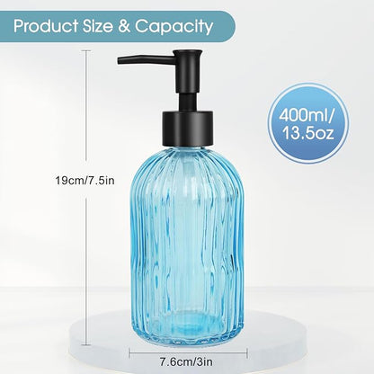 Topsky Stripe Glass Soap Dispenser with Black Plastic Pump, 400ml Liquid Hand Soap Dispenser, Rustproof Pump for Kitchen & Bathroom, Great for Lotions, Essential Oil, Liquid Soaps- (Light Blue) - Image 5