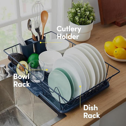 Sweet Home Collection Space-Saving 3-Piece Dish Drainer Rack Set: Efficient Kitchen Organizer for Quick Drying and Storage - Includes Cutlery Holder and Drainboard - Maximize Countertop Space, Navy - Image 5