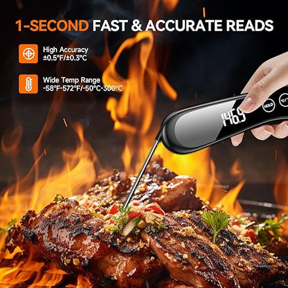 Meat Thermometer Digital 1 Second Instant Read Food Thermometer for Cooking Grilling, Candy, Fry, BBQ, Turkey, IP67 Waterproof 180° Folding Probe Large Backlit Display Thermometer