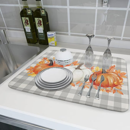 Fall Dish Drying Mat for Kitchen Counter Autumn Orange White Pumpkins Festival Microfiber Absorbent Dish Draining Reusable Washable Foldable Extra Large 18"x24" - Image 6