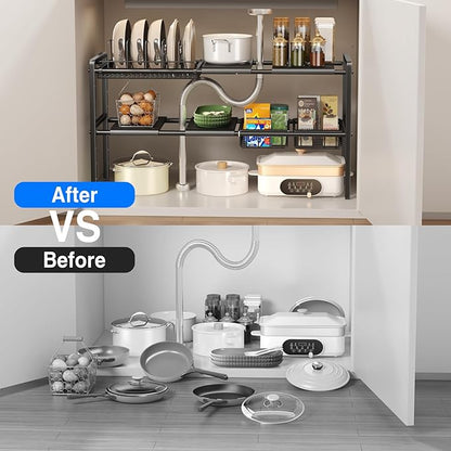 Mustorn Pots and Pans Organizer Under Cabinet, Expandable 2 Tier Under Sink Organizers Storage Adjustable Height Kitchen Pot and Pan Lid Holder Rack with 6 Dividers(4panels,2baskets,1 Pot rack,Black)