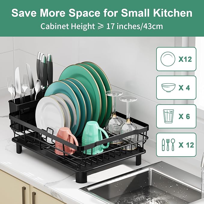 MOUKABAL Dish Drying Rack, Dish Rack, Stainless Steel Dish Racks for Kitchen Counter, Dish Drainer with Removable Utensil Holder, Drainboard (Black,13''W x 17''L) - Image 3
