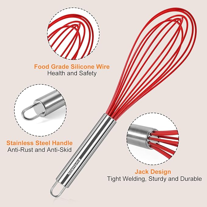 NileHome Whisk Commercial Stainless Steel wisk & Silicone Non-Stick Coated Small Whisk Set 8" 10" 12" Kitchen Wisk Wire Whisks for Cooking 3 Pack, Red - Image 3
