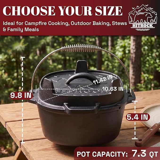 HITROCK Cast Iron Camp Dutch Oven 7QT, Pre-Seasoned Camping Dutch Oven with Lid, Flat Bottom Outdoor Pot with Lid Lifter,Pot Stand, Storage Bag & Handle for Camping, Baking, Grilling, Rounded-square Shape