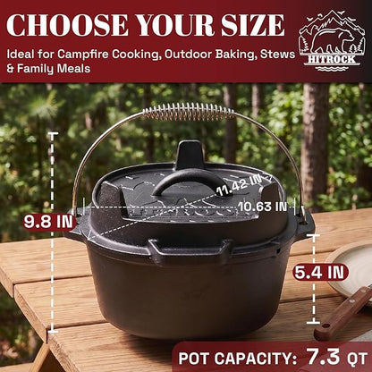 HITROCK Cast Iron Camp Dutch Oven 7QT, Pre-Seasoned Camping Dutch Oven with Lid, Flat Bottom Outdoor Pot with Lid Lifter,Pot Stand, Storage Bag & Handle for Camping, Baking, Grilling, Rounded-square Shape