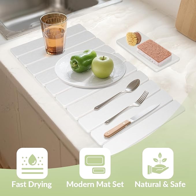 Large Stone Dish Drying Mat for Kitchen Counter, 24"x16"&8"x4", Foldable Fast-Drying Diatomaceous Earth Dish Mat, 2PCS Eco-Friendly Water Absorbent Pads Set for Kitchen Bathroom, White
