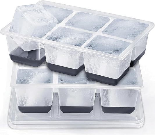Ice Cube Trays 2 Pack, JRISBO Large Silicone Ice Cube Molds with Leak-Proof Lid, TPE Frame & Easy Release Bottom, Stackable Freezer Ice Trays for Whiskey, Cocktails, Soup, BPA Free (Black)