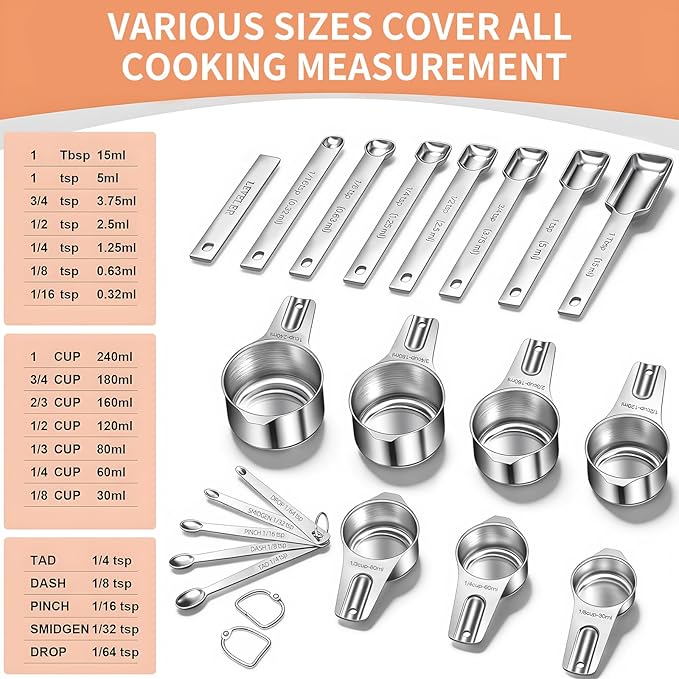 EWFEN Measuring Cups and Spoons Set, 7 Stainless Steel Nesting Measuring Cups & 7 Spoons, 5 Mini Measuring Spoons &1 Leveler, Kitchen Gadgets for Cooking & Baking, Square - Image 3
