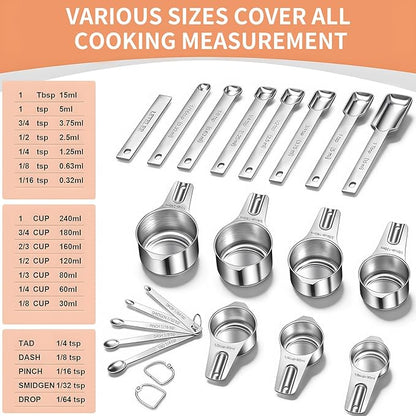 EWFEN Measuring Cups and Spoons Set, 7 Stainless Steel Nesting Measuring Cups & 7 Spoons, 5 Mini Measuring Spoons &1 Leveler, Kitchen Gadgets for Cooking & Baking, Square - Image 3