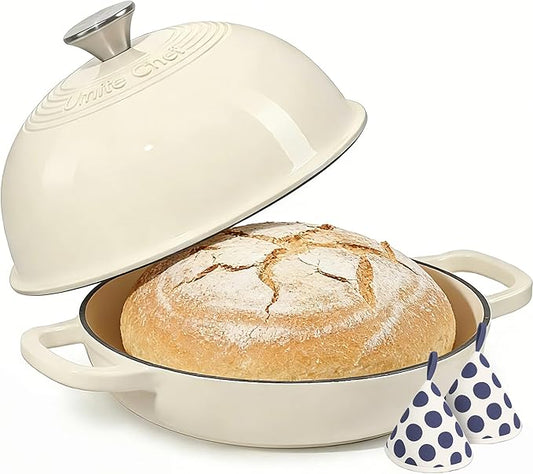 Enameled Round Cast Iron Bread Oven, 6 Qt Cast Iron Dutch Oven for Homemade Sourdough Bread Baking, Bread Pot with Dome Lid & Cotton Potholders (Cream White) by UmiteChef