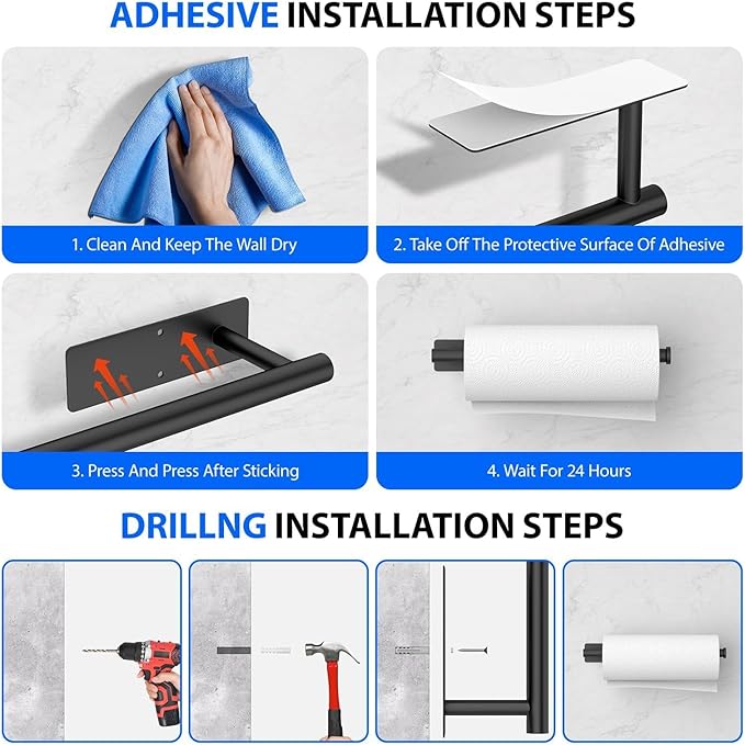 Paper Towel Holder Under Cabinet, Self-Adhesive,No Drilling, Stainless Steel, Wall-Mounted for Kitchen and Bathroom, Easy Install, Durable, Space-Saving, Ideal for Home, RV (Black, 2 Pack) - Image 6
