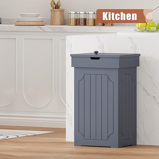 Function Home Trash Can Cabinet, 13 Gallon Kitchen Garbage Can, Wood Recycling Trash Bin, Freestanding Dog Proof Trash Can, Farmhouse Trash Cabinet with Lid for Home Kitchen Bathroom, Grey - Image 2