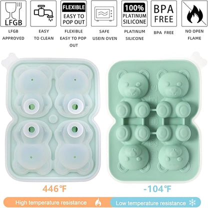 3D Bear Ice Cube Mold, Green Silicone Ice Cube Tray with Lid for Cocktail Whiskey, Large Ice Cube Trays for Freezer, Food Grade Reusable Ice Cube Molds, Cute Candies Chocolate Bear Silicone Molds