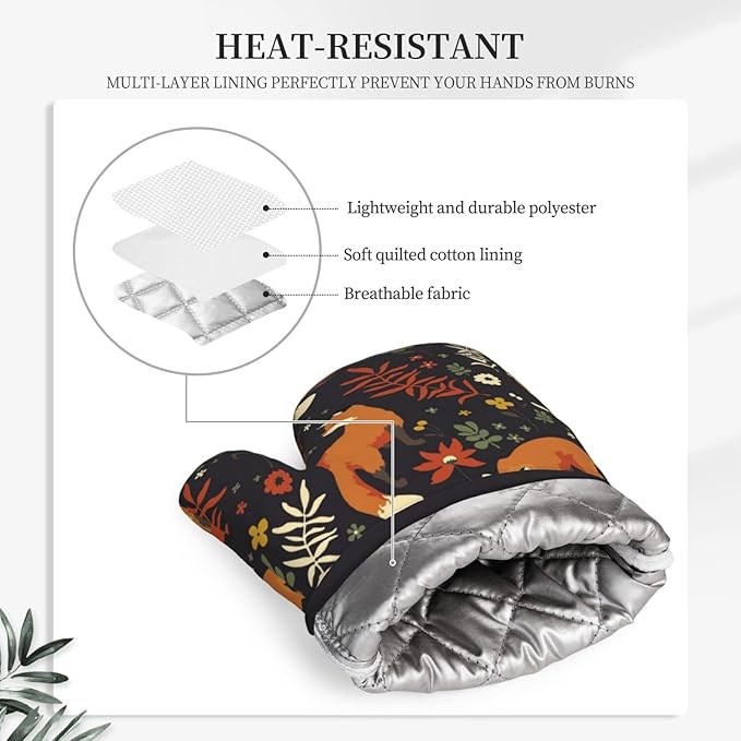 Fox Silicone Oven Mitts Pan Mats Set of 2, Heat Resistant Gloves Potholder with Non-Slip Grips Hanging Loops Pot Holder, Spring Summer for Chef Cooking, Baking, Grilling, BBQ