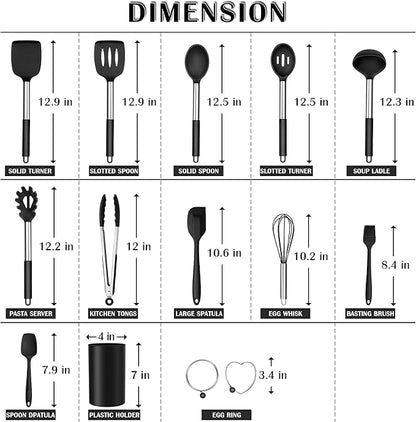 Silicone Cooking Utensils Set, E-far 14-Piece Black Kitchen Utensils Set with Holder, Kitchen Tools Spatulas with Stainless Steel Handle for Non-stick Cookware, Heat Resistant & Dishwasher safe - Image 2