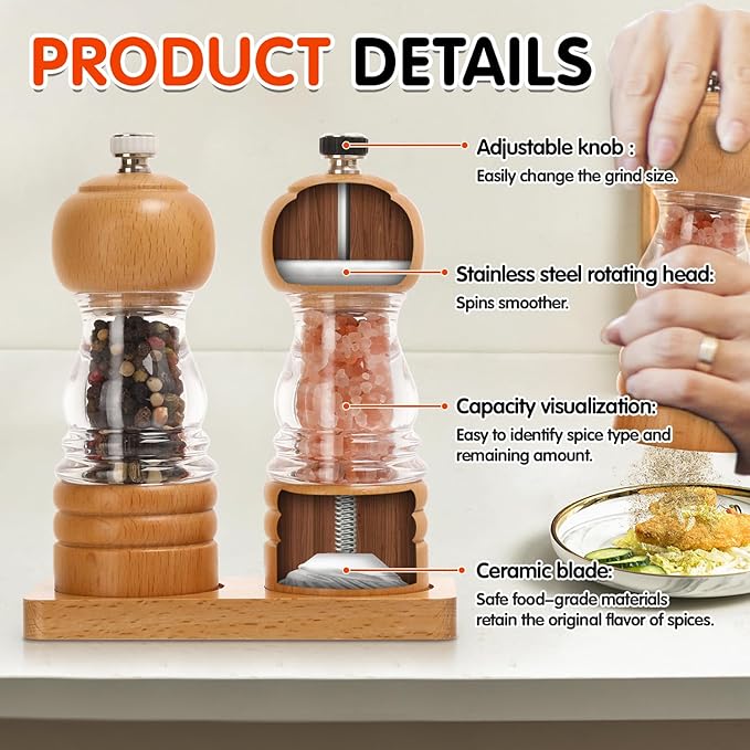 Salt and Pepper Grinder Set,2 PCS 5 Inch Wooden Manual Salt Pepper Mill Grinders for Kitchen,Refillable and Adjustable Grinder for Pepper Salt Spices