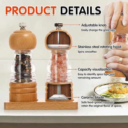 Salt and Pepper Grinder Set,2 PCS 5 Inch Wooden Manual Salt Pepper Mill Grinders for Kitchen,Refillable and Adjustable Grinder for Pepper Salt Spices