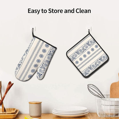 Boho Oven Mitts Set – Vintage Floral Pot Holders Kitchen Gloves for Women Bohemian Kitchen Mitts Potholders Set of 2 Durable for Cooking & Baking - Image 6