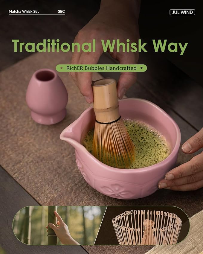 Matcha Whisk Set, Ceramic Matcha Set Includes Bowl with Spout, Whisk and Holder, Bamboo Scoop, Sifter and Tea Towel - 6 Pcs Matcha Kit Gift for Lovers Beginners (Pink) - Image 5