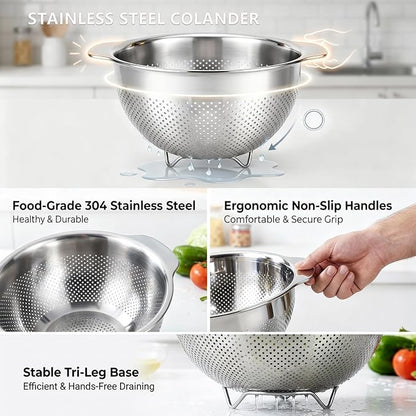 Pasta Strainer with Handle - 18/8 Stainless Steel Strainers Fine Mesh for Kitchen - Metal Colander for Spaghetti, Fruit, Vegetables, Noodles and Eggs, Rice Washer, Dishwasher Safe (3QT)