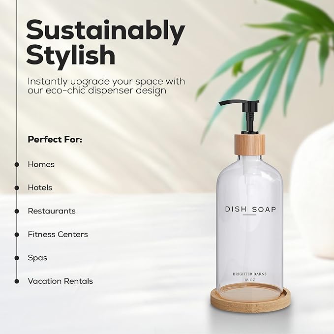 Clear Glass Dish Soap Dispenser by Brighter Barns - Kitchen Sink Set With Bamboo Tray - Modern Decor and Accessories, Minimalist Neutral Home (Clear) - Image 2