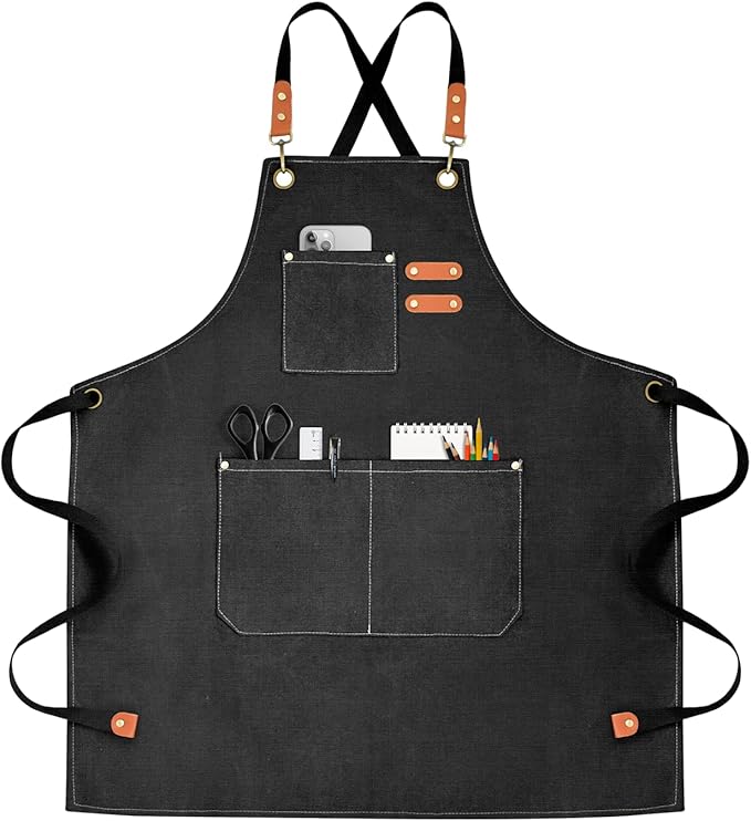 OUNLEN Chef Apron for Men Women Canvas Aprons with 3 Pockets Cross Back Resistant Work Apron for Cooking by OUNLENAPRON