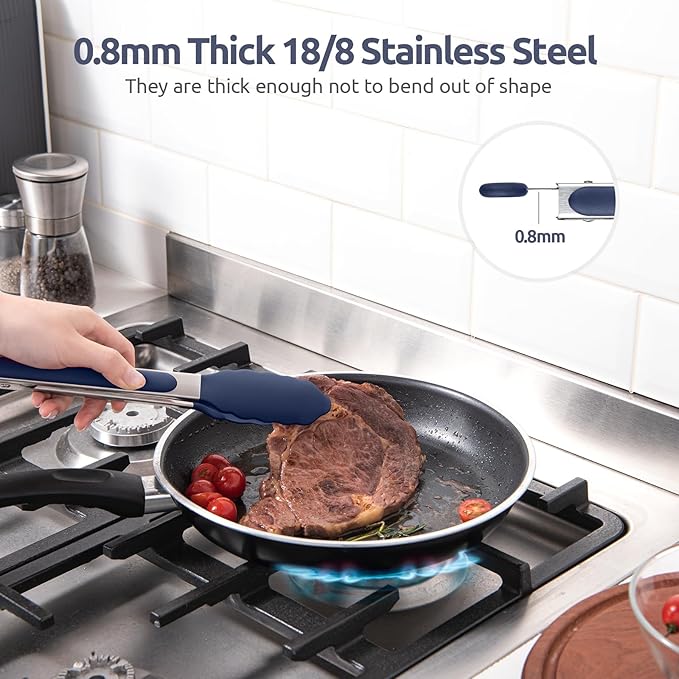 600ºF Heat Resistant Kitchen Tongs: U-Taste 9 in Silicone Cooking Tong with Firm Sealed Non Stick Rubber Tips & Silicon Coated 18/8 Stainless Steel Handle & Smooth Lock for Serving Grill-Midnight Blue - Image 5