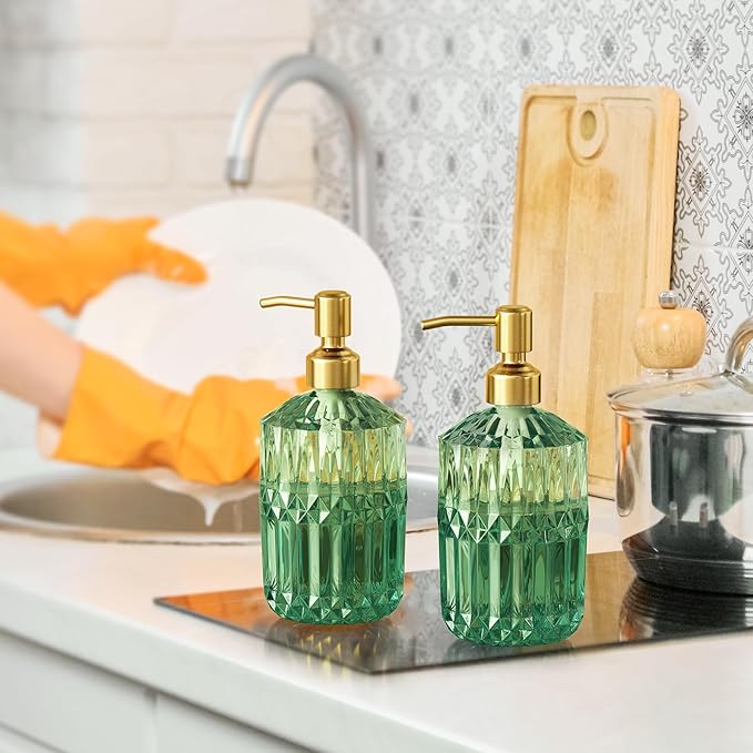 AmazerBath Soap Dispenser, 2 Pack Green Glass Soap Dispenser with Pump Stainless Steel, 14.2OZ Luxury Gold Hand Soap Bottles Bathroom Kitchen - Image 6