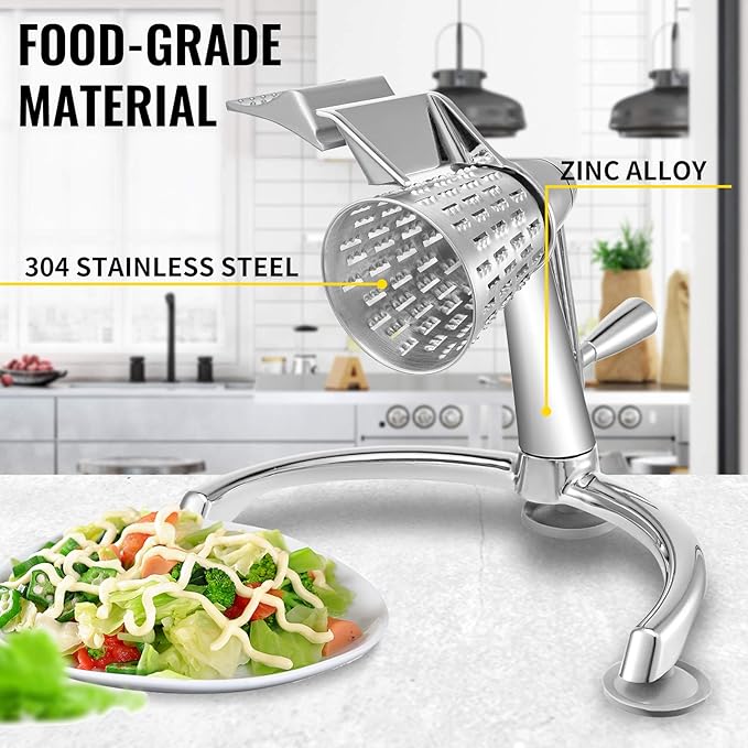 VEVOR Rotary Cheese Grater, Zinc Alloy Rotary Vegetable Mandoline, Manual Cheese Mandoline w/ 5 Stainless Steel Cutting Cones, Manual Vegetable Grater w/ 2.5L Bowl, Rotary Shredder w/Suction Base - Image 2