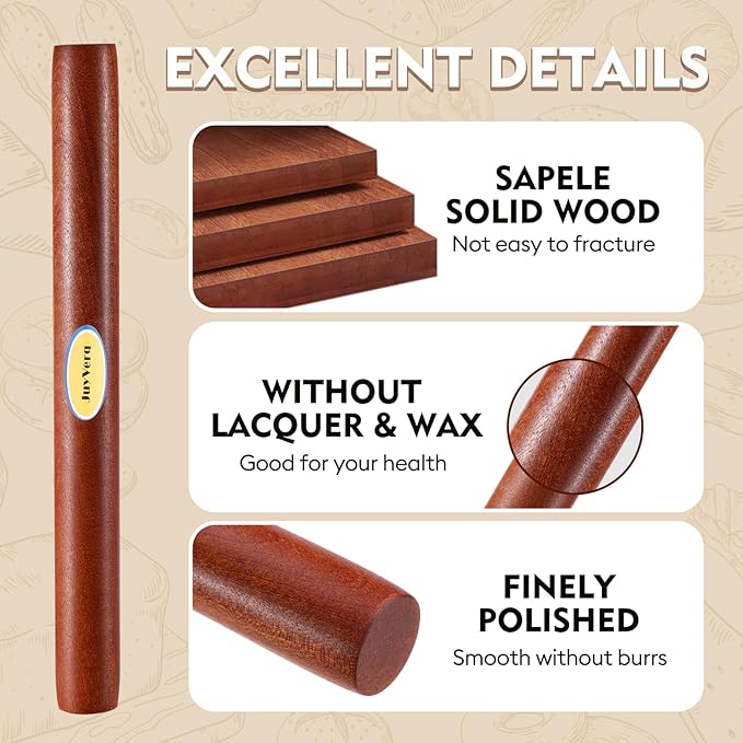 Wood Rolling Pin (15.75 Inches), Non-Stick Rolling Pin for Baking, Natural Sapele Wood Dough Roller for Pizza, Fondant, Pie, Cookie, Pastry, Essential Kitchen Tool - Image 5