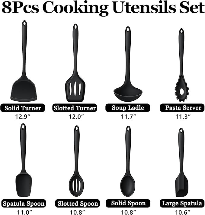 LIANYU 8Pcs Cooking Utensils Set, Heat Resistant Kitchen Utensils, Silicone Utensils Spatula Set for Nonstick Cookware with Spatula, Ladle, Turner, Spoon, Dishwasher Safe, Black - Image 2