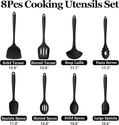 LIANYU 8Pcs Cooking Utensils Set, Heat Resistant Kitchen Utensils, Silicone Utensils Spatula Set for Nonstick Cookware with Spatula, Ladle, Turner, Spoon, Dishwasher Safe, Black - Image 2