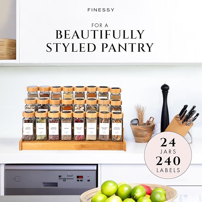 FINESSY Bamboo Glass Spice Jars with Labels and Shaker Lids Clear Empty 4oz 24 Pack Bottles Set, Glass Spice Containers with Labels, Seasoning Organizer Jars - Image 3