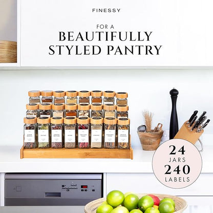 FINESSY Bamboo Glass Spice Jars with Labels and Shaker Lids Clear Empty 4oz 24 Pack Bottles Set, Glass Spice Containers with Labels, Seasoning Organizer Jars - Image 3