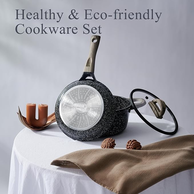 Ceramic Cookware Set 22 Piece Nonstick Pots and Pans Set Non Stick Kitchen Cooking Sets 8"Frying Pans with Lid,Black Granite Non-Toxic Induction Kitchen Cookware w/Glass Lids PFOS/PFOA-Free - Image 8