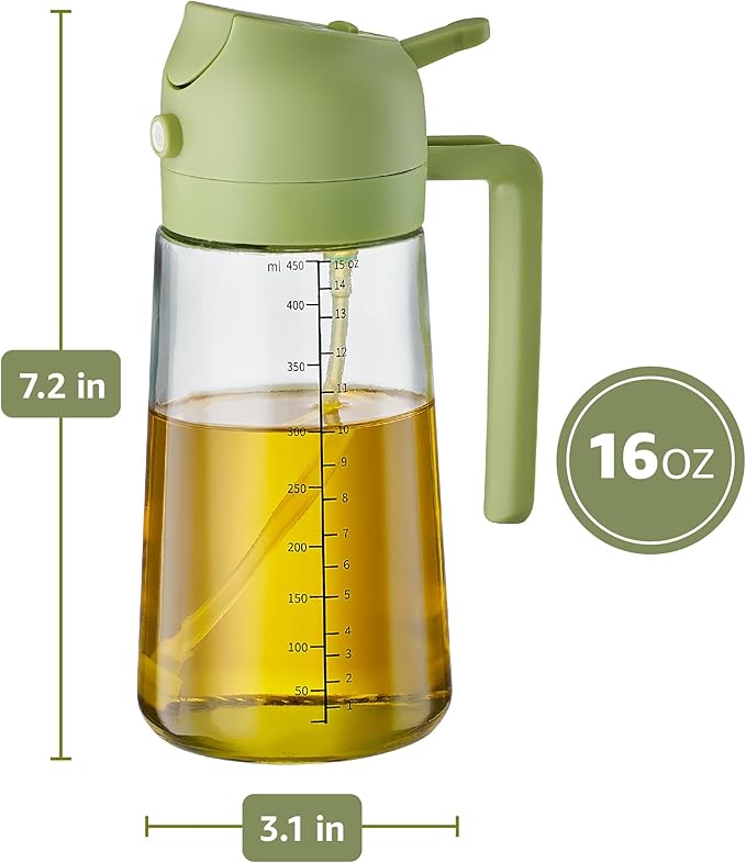 FineDine 16oz Olive Oil Sprayer for Cooking, 2 in 1 Olive Oil Dispenser Bottle for Kitchen, Air Fryer, Salad, BBQ & Baking – Dual Spray Mist & Stream, with Measurement Marks, Green - Image 4