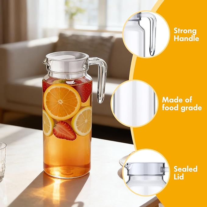 Didaey 4 Pcs Acrylic Water Pitcher with Lid, Spout Handle Clear Plastic Pitcher Heat Resistant Carafe Unbreakable Beverage Container Fridge Jug for Juice Ice Tea Sangria Lemonade(37 oz,Round)
