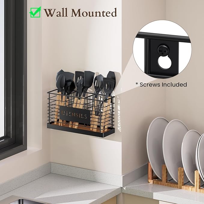 THYGIFTREE Utensil Holder for Kitchen Counter Large Black Metal Cooking Utensil Organizer 3 Compartments for Countertop Kitchen Tool Spatula Holder Wood Base - Image 5