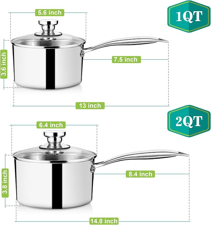 P&P CHEF 1 & 2 Quarts Tri-Ply Stockpot and Saucepan, Stainless Steel Sauce Pan with Lid, Cooking Induction Pot, Kitchen Cookware for All Stoves, Non-Toxic, Sturdy & Dishwasher Safe, 2 Pieces