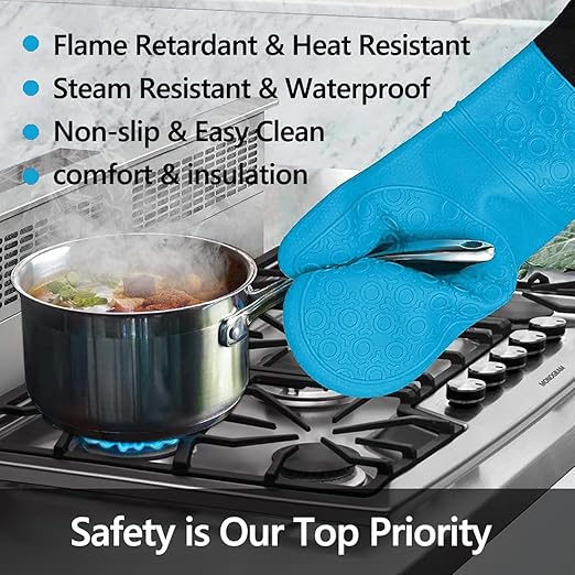 Silicone Oven Mitts and Pot Holders Set, MTZRFLL Extra Long Heat Resistant Oven Gloves with Hot Pads and Mini Oven Mittens for Grilling, Kitchen Cooking Baking, Soft Quilted Lining, Pack of 6 (Blue) - Image 2