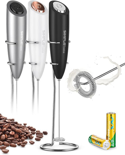 SIMPLETASTE Milk Frother Handheld Electric Foam Maker, Drink Mixer with Stainless Steel Whisk for Cappuccino, Bulletproof Coffee, Latte, Black, with Stand, Battery Operated by SIMPLETaste