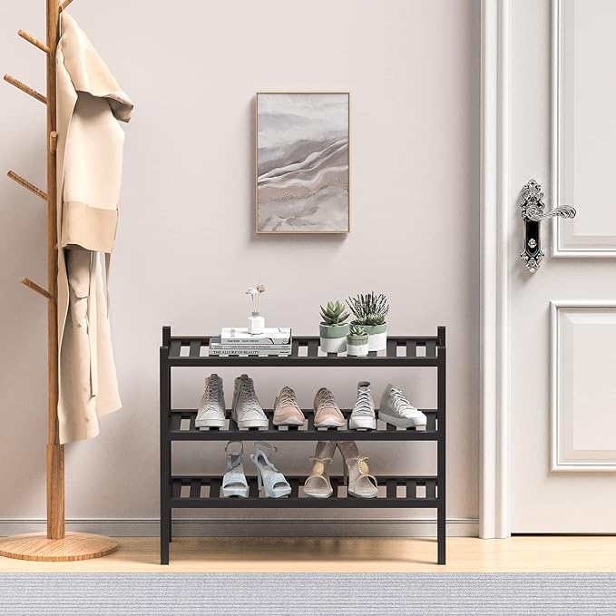 ROMGUAR CRAFT 3 Tier (Thick) Bamboo Shoe Rack for Entryway, Small Wood Shoe Shelf Storage Organizer for Closet, Shoe Stand for Hallway, Stackable and Sturdy 27"x12"x21" Black - Image 2