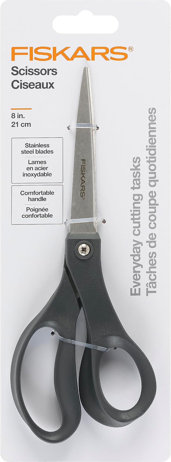 Fiskars 8” Everyday Stainless Steel Scissors (1-Pack) with Ergonomic Handles, Home & Office Scissors for Cutting Paper, Cardboard, Photos and More, Gray by Fiskars