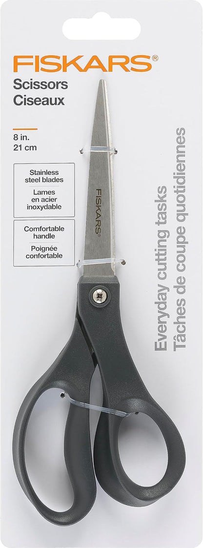 Fiskars 8” Everyday Stainless Steel Scissors (1-Pack) with Ergonomic Handles, Home & Office Scissors for Cutting Paper, Cardboard, Photos and More, Gray by Fiskars