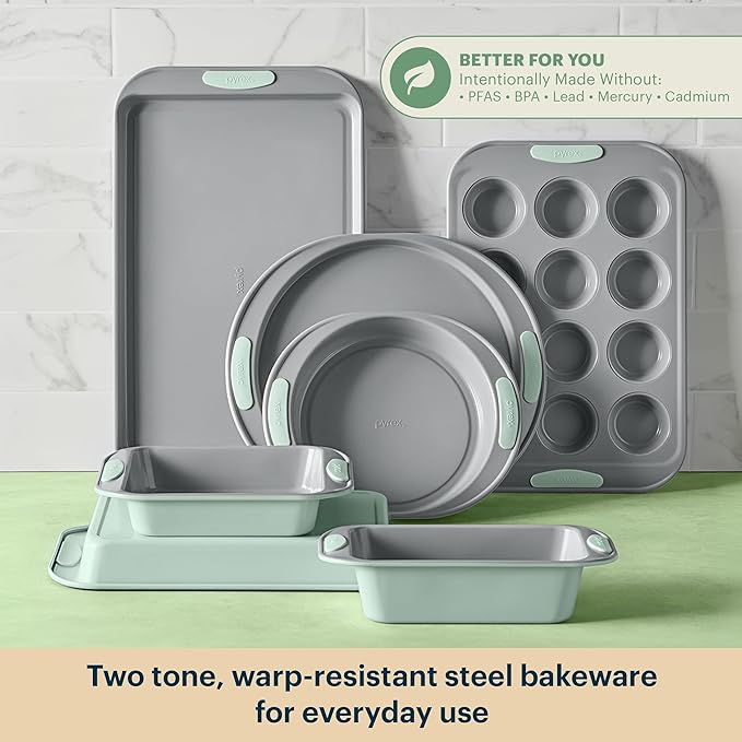 Pyrex 8-Piece Metal Bakeware Set, Lightweight Stainless Steel Baking Trays with Heatsafe Silicone Handles, Cookie & Muffin Sheets, Round/Square Baking Pans, Sage