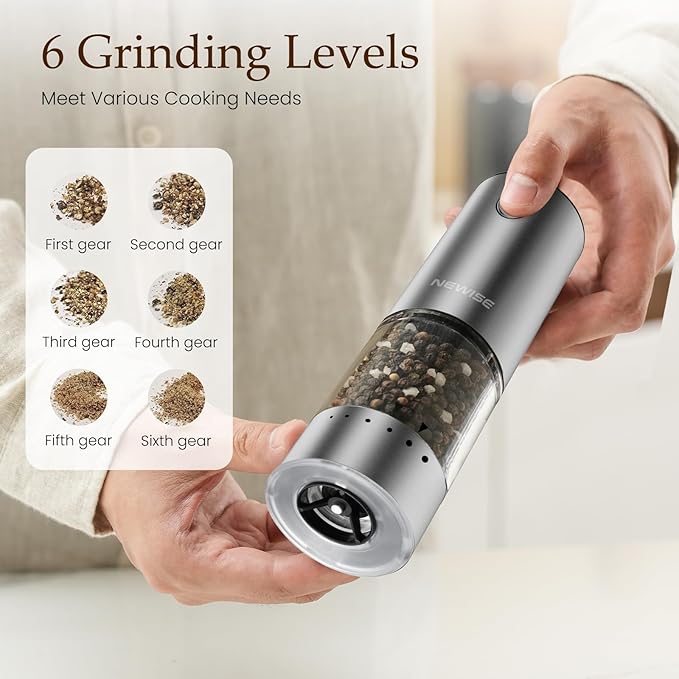Electric Salt and Pepper Grinder Set - Acacia Wood Base, Rechargeable & Automatic Pepper Mill with LED Lights, Adjustable Coarseness, 95ml Large Capacity, Kitchen Birthday Gifts for Women